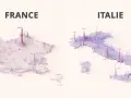 Visualisation 3D de la France et de l'Italie, montrant la densité de population par des pics. Paris et Naples sont les plus hauts.