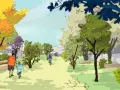 Un père et son enfant se promènent dans un parc verdoyant, tandis qu'une personne fait du vélo. Une scène d'animation du territoire paisible et colorée.