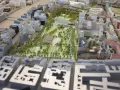 Maquette d'une opération d'aménagement urbain avec bâtiments modernes, espaces verts et un plan d'eau.