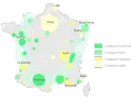 Carte de l'urbanisation en France. Des cercles de différentes tailles et couleurs indiquent la croissance urbaine, avec des zones de croissance très forte le long de la côte Atlantique.