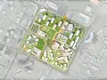 Plan d'urbanisme sur dalle montrant des bâtiments modernes, des espaces verts et des aires de jeux. Le projet intègre des rues et des avenues.
