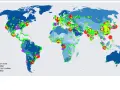 Carte mondiale du pourcentage d'urbanisation et des agglomérations urbaines. Ce tableau de bord environnemental montre la répartition des villes.