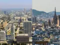 Vue aérienne d'une aire urbaine exemple, montrant des gratte-ciel modernes et des quartiers résidentiels d'un côté, et des bâtiments historiques et des églises de l'autre.