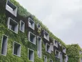 Un bâtiment végétalisé avec des fenêtres carrées, incarnant la définition d'une ville durable.