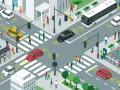 Scène urbaine animée illustrant l'analyse de la mobilité urbaine : voitures autonomes, bus, piétons, vélos et bornes de recharge.