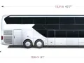 Vue latérale d'un bus à deux étages et d'une remorque. La hauteur d'un car est de 4 mètres. Dimensions indiquées en mètres et pieds.