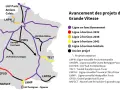 Carte des projets de ligne grande vitesse en France, montrant les lignes existantes et futures.