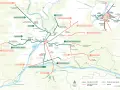 Carte des lignes de tramway et véloroutes d'Angers, montrant les itinéraires et les stations.