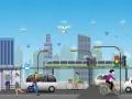 Un pole urbain def. connecté avec des voitures autonomes, des drones de livraison et un train, symbolisant la ville intelligente.