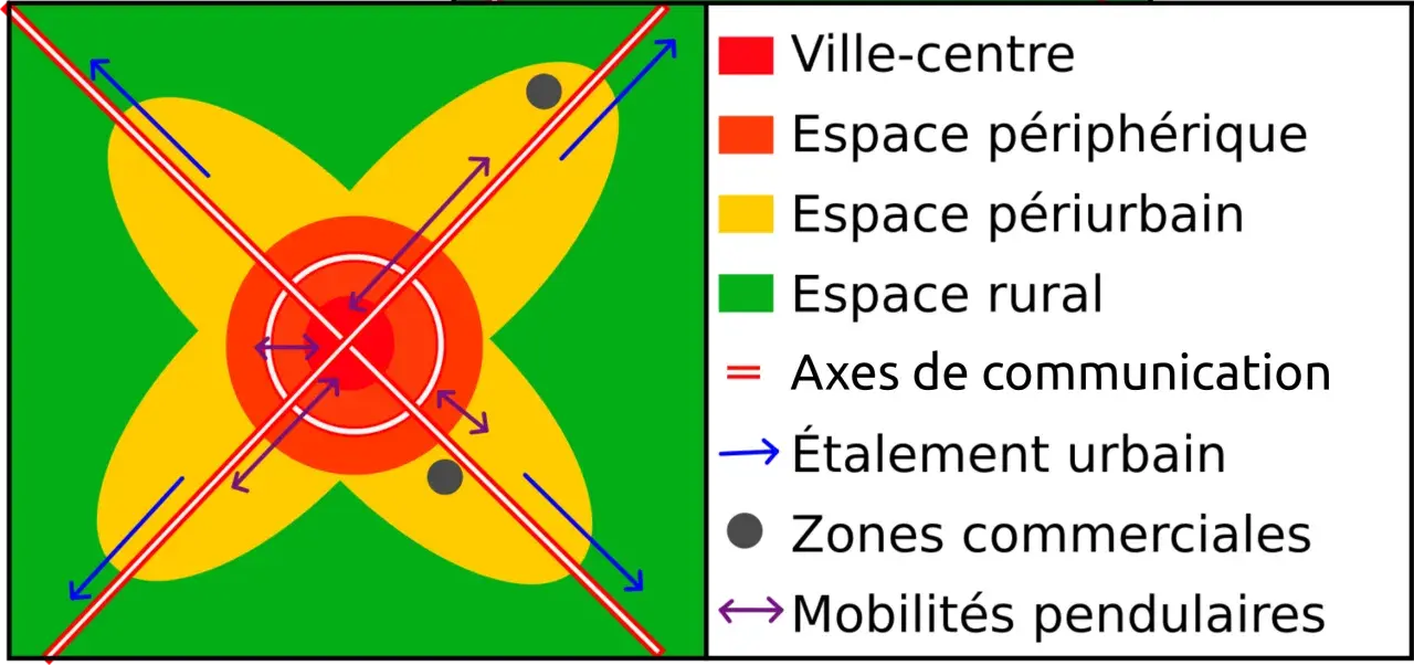 Schéma illustrant les dynamiques des aires urbaines en France : ville-centre, périphérie, périurbain, rural, axes de communication, étalement urbain, zones commerciales et mobilités pendulaires.