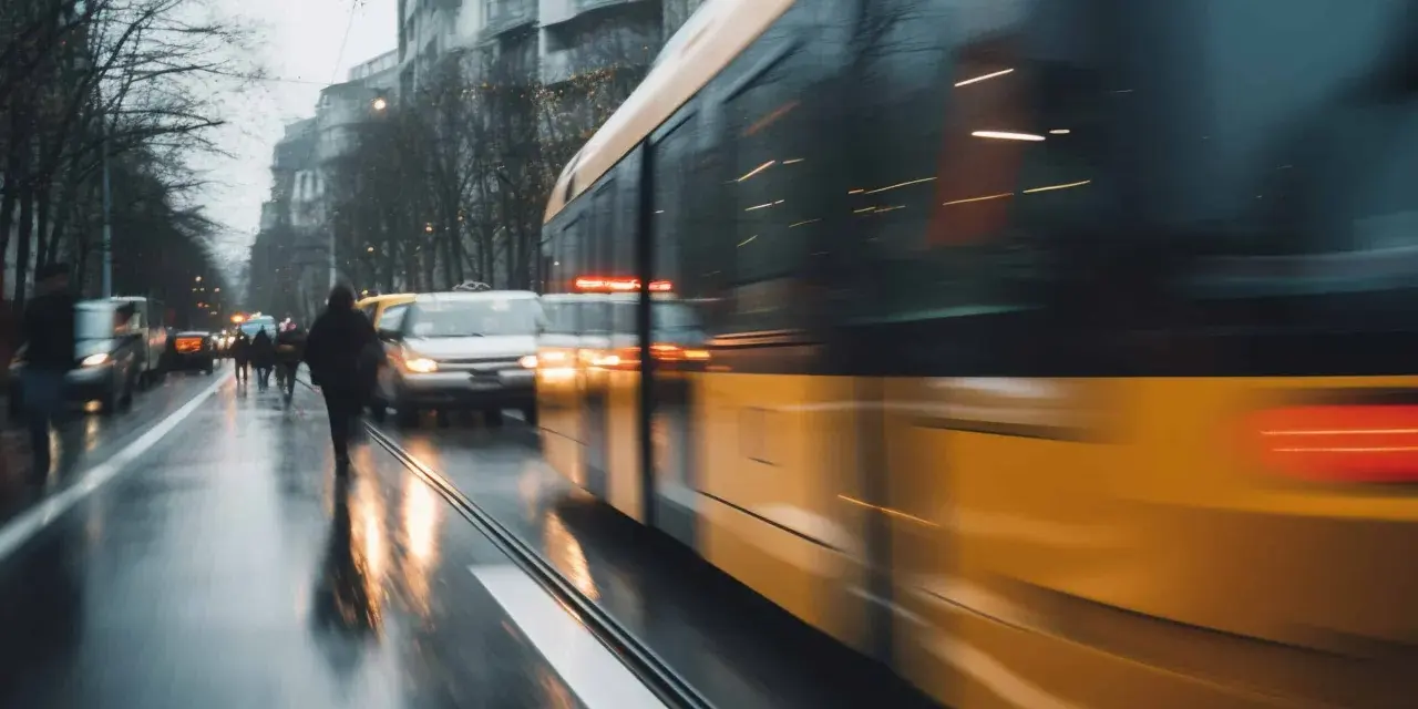 Un tram jaune file dans une rue mouillée, reflétant les lumières de la ville. Un bus Gien est visible au loin.