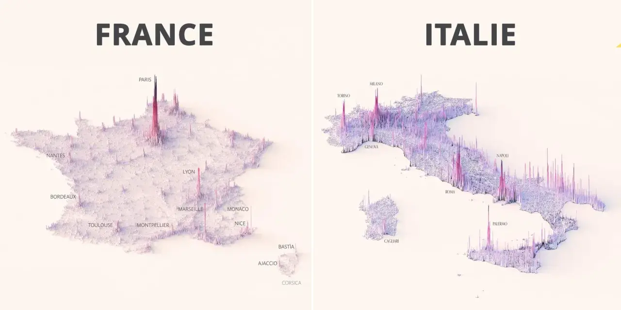 Visualisation 3D de la France et de l'Italie, montrant la densité de population par des pics. Paris et Naples sont les plus hauts.