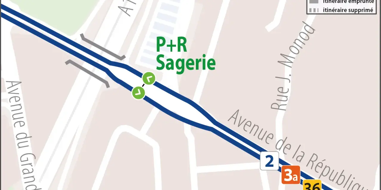 Carte du P+R Sagerie. Ligne 2 desservie, avec arrêts provisoires et empruntés. Avenue du Grand Sud et Rue J. Monod.
