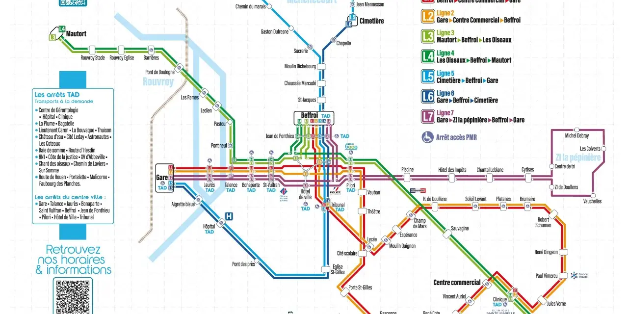 Carte du réseau de bus de Abbeville, avec les lignes et arrêts. Le bus baag circule sur plusieurs lignes.