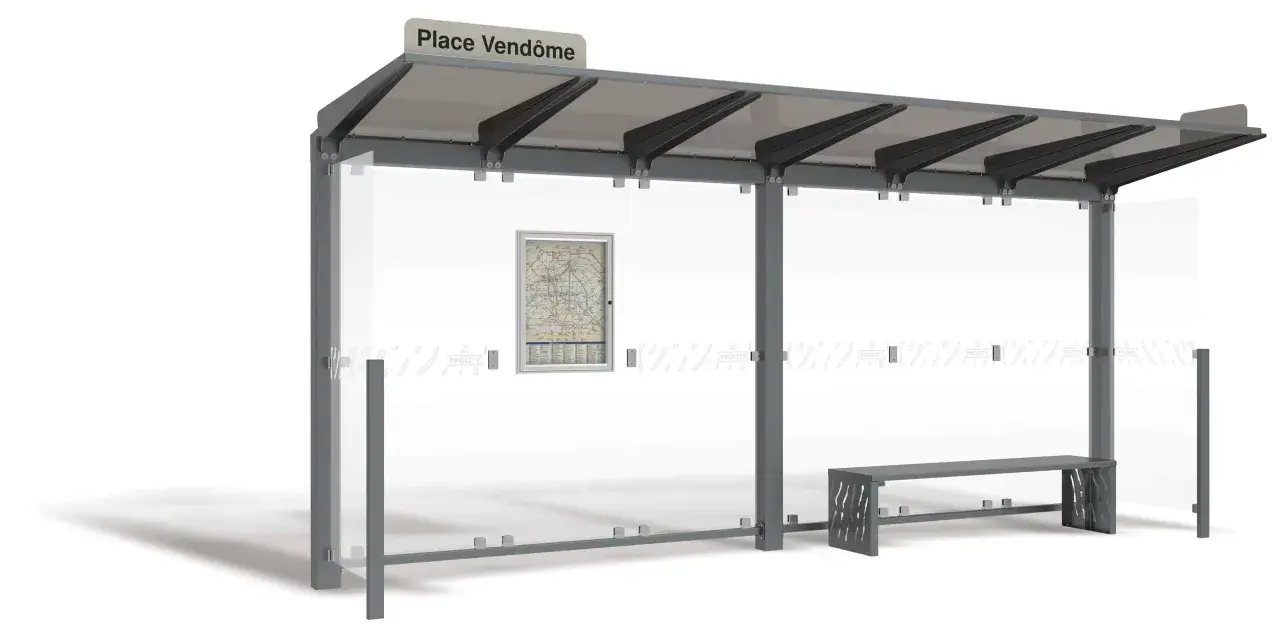 Abri de **parking bus** moderne avec panneau "Place Vendôme", banc et plan du réseau.