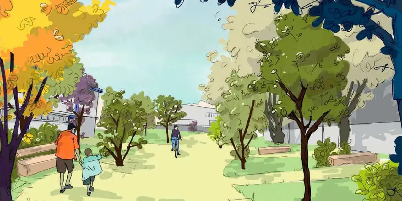 Un père et son enfant se promènent dans un parc verdoyant, tandis qu'une personne fait du vélo. Une scène d'animation du territoire paisible et colorée.