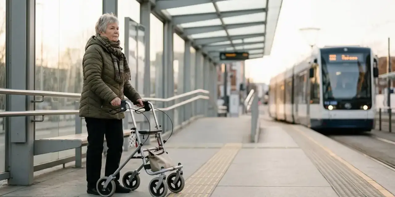 Une femme âgée avec un déambulateur attend le tram. Elle se prépare à monter, une leçon sur comment prendre le bus.