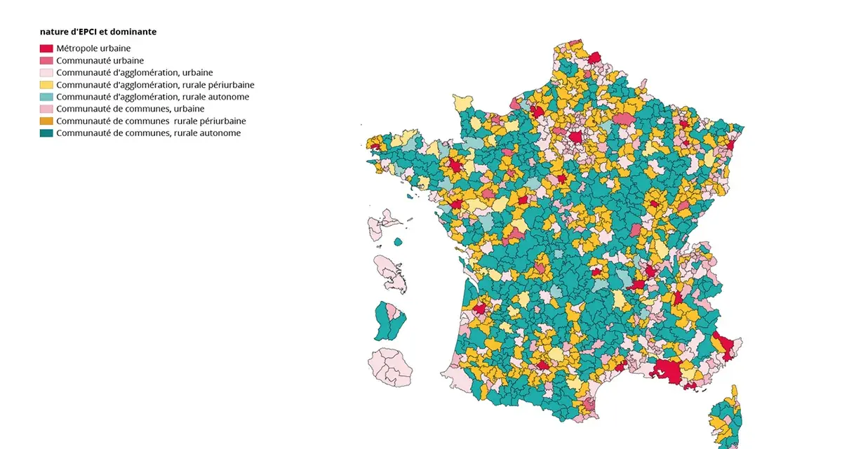 Carte de France montrant la répartition des métropoles et des communautés de communes, illustrant les 10 plus grandes aires urbaines de France.