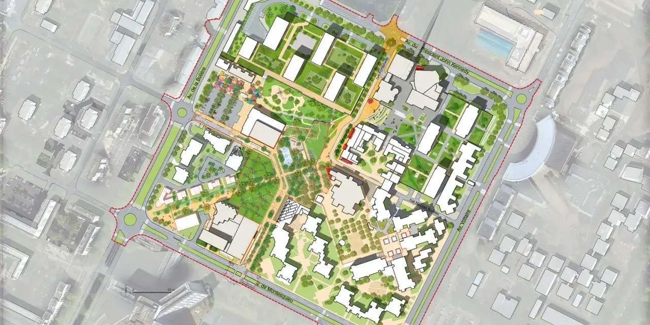 Plan d'urbanisme sur dalle montrant des bâtiments modernes, des espaces verts et des aires de jeux. Le projet intègre des rues et des avenues.