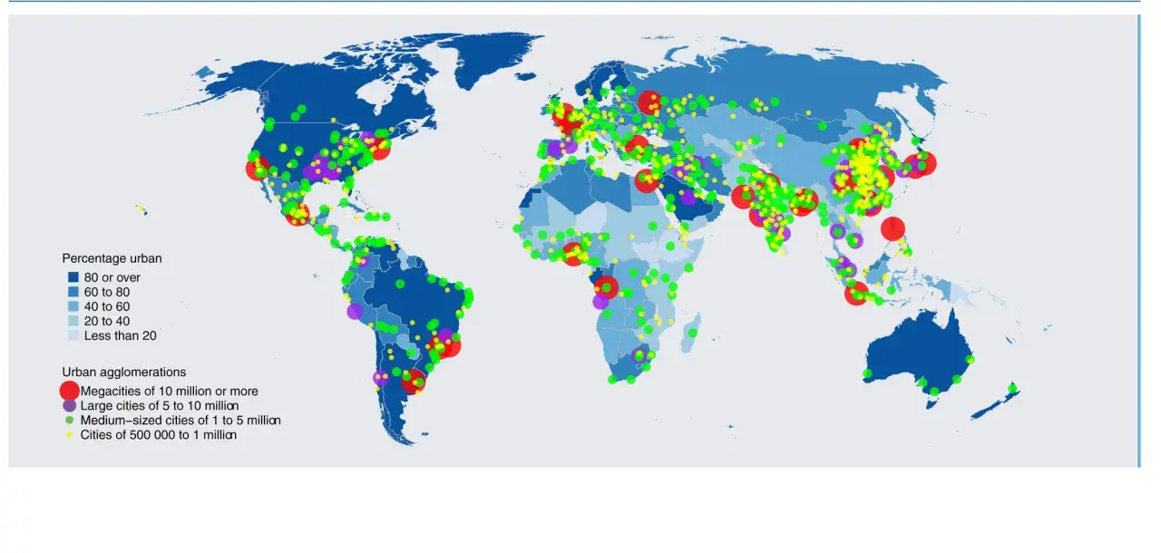 Carte mondiale du pourcentage d'urbanisation et des agglomérations urbaines. Ce tableau de bord environnemental montre la répartition des villes.