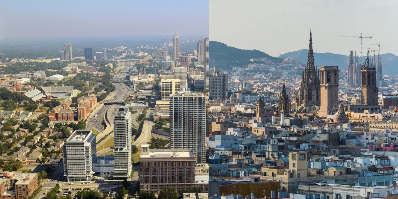 Vue aérienne d'une aire urbaine exemple, montrant des gratte-ciel modernes et des quartiers résidentiels d'un côté, et des bâtiments historiques et des églises de l'autre.