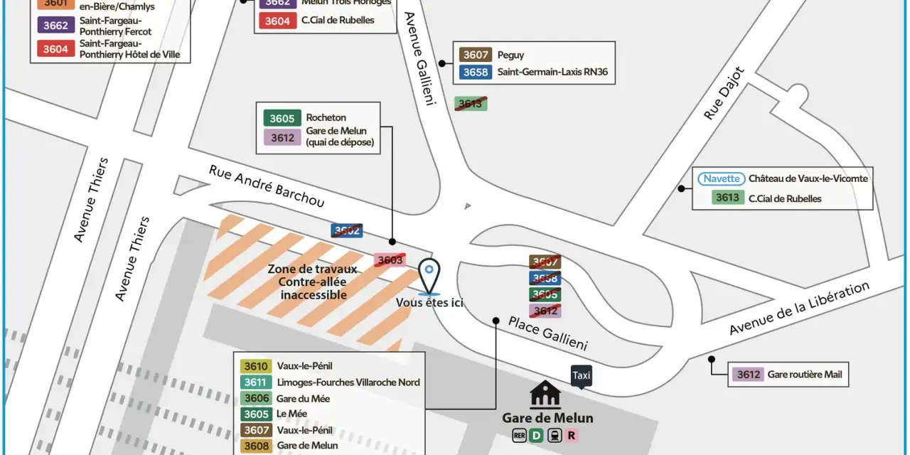 Plan des lignes de bus autour de la gare de Melun, avec le bus 3603 indiqué.