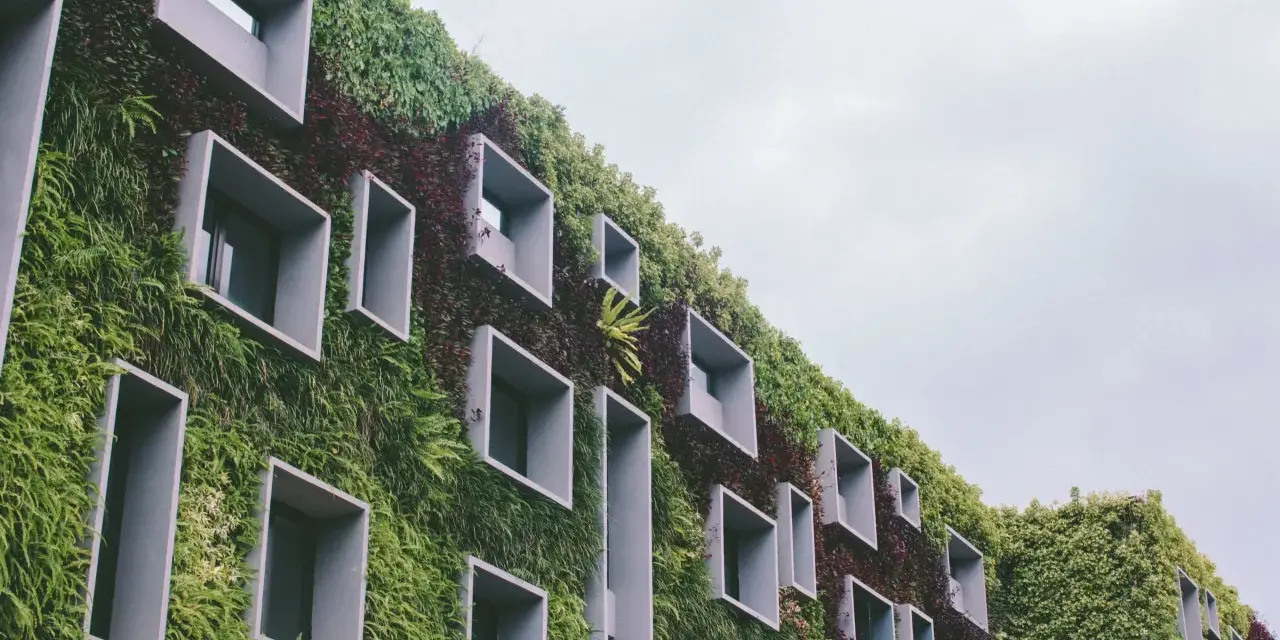 Un bâtiment végétalisé avec des fenêtres carrées, incarnant la définition d'une ville durable.