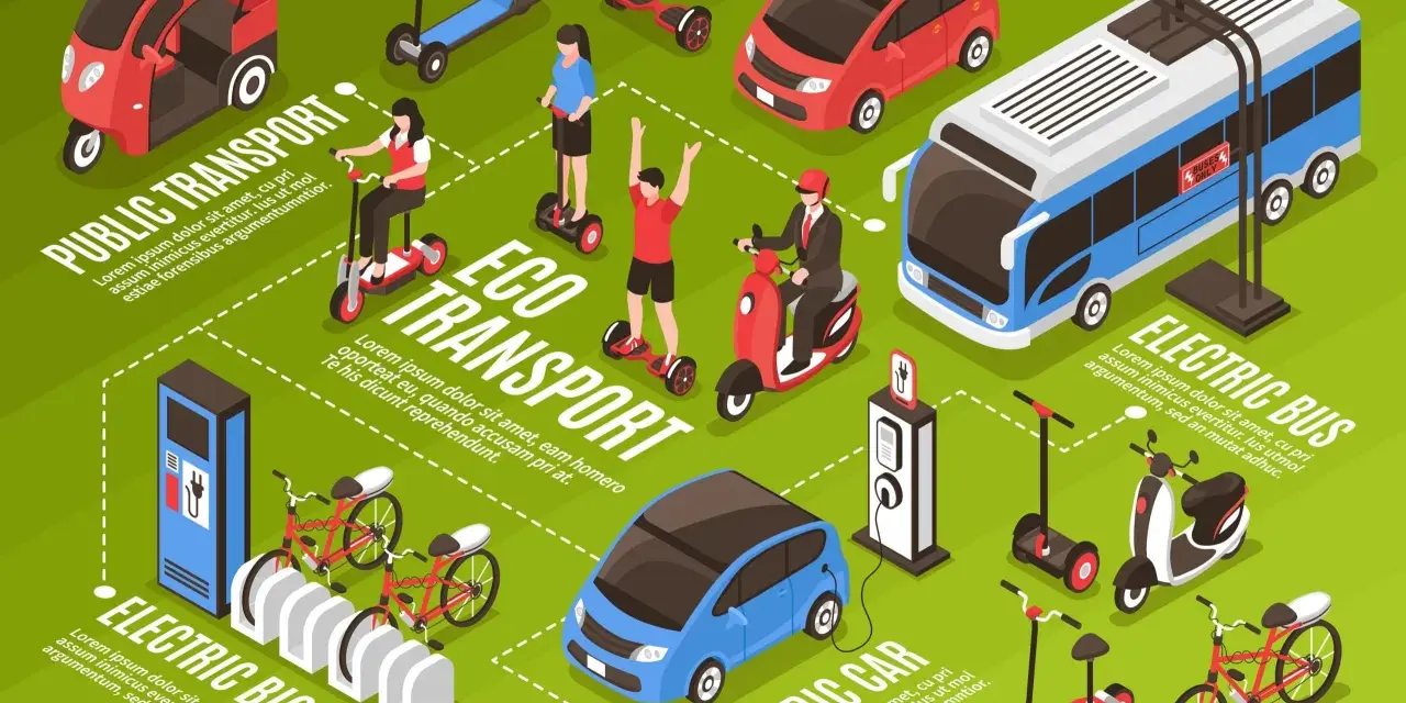 Illustration de la définition mobilité géographie : transports publics, vélos électriques, voitures et bus électriques, trottinettes et gyropodes.