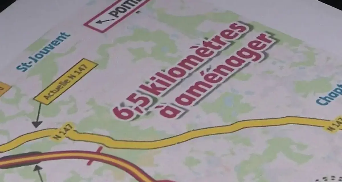 Carte indiquant la création d'une autoroute sur 6,5 km, reliant St-Jouvent à Poitiers, avec la N147 actuelle.