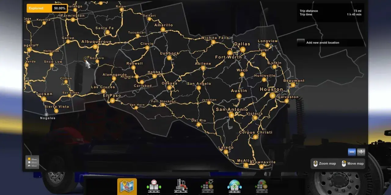 Carte Euro Truck Simulator 2 montrant le Texas et le Nouveau-Mexique. 50% de la carte explorée.