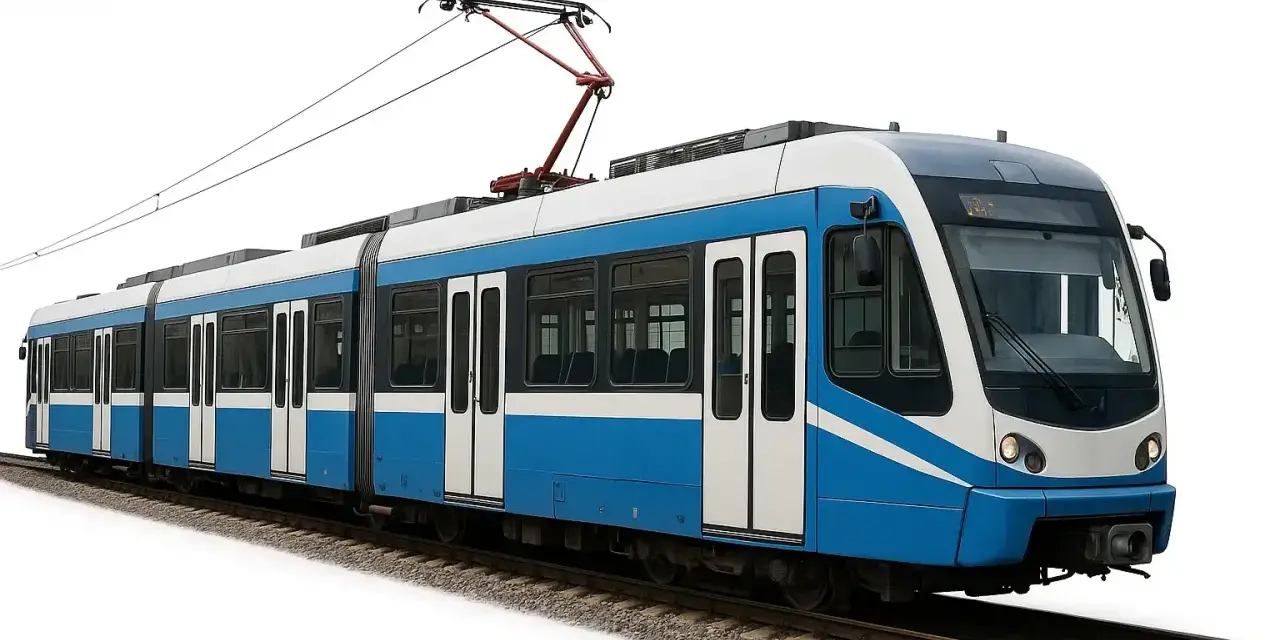 Un tram moderne bleu et blanc, un bus bhns, circule sur des rails.