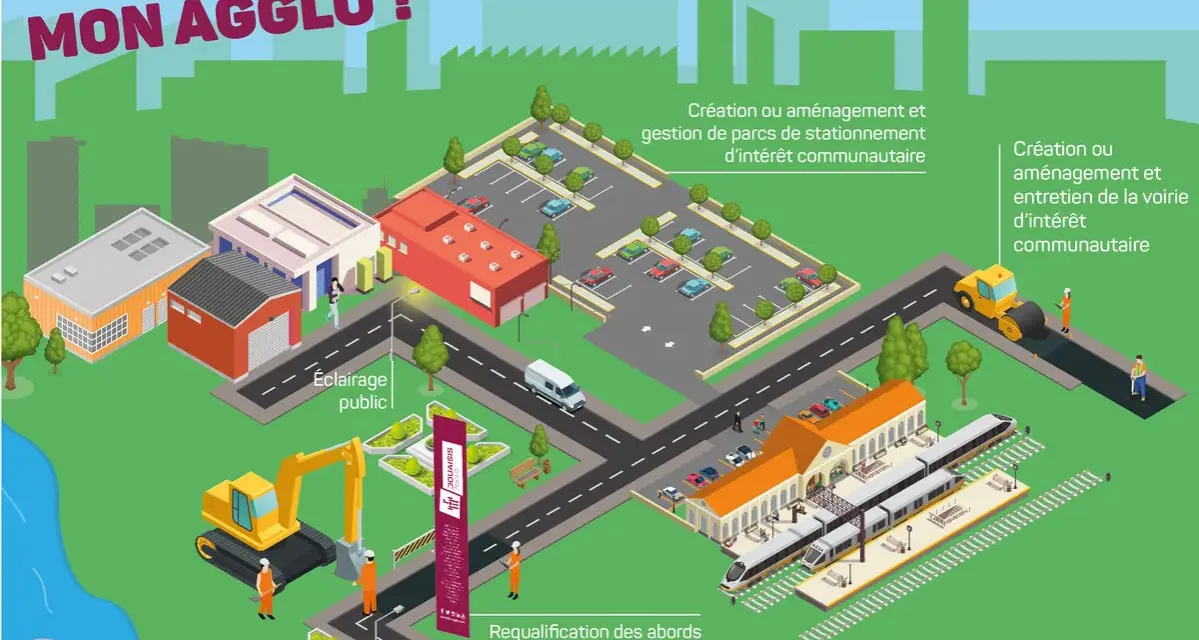 Illustration isométrique montrant des travaux sur la voie publique : éclairage, construction, entretien routier, et réaménagement d'infrastructures.