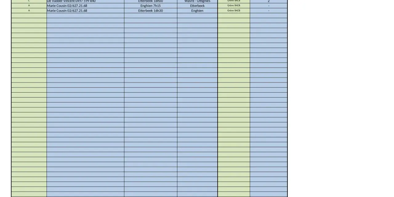 Tableau d'organisation covoiturage pour la grève SNCB, avec conducteurs, destinations et places disponibles.
