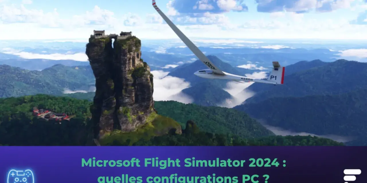 Un planeur survole des montagnes verdoyantes, près d'un temple perché. Microsoft Flight Simulator 2024 : quelles configurations PC ?