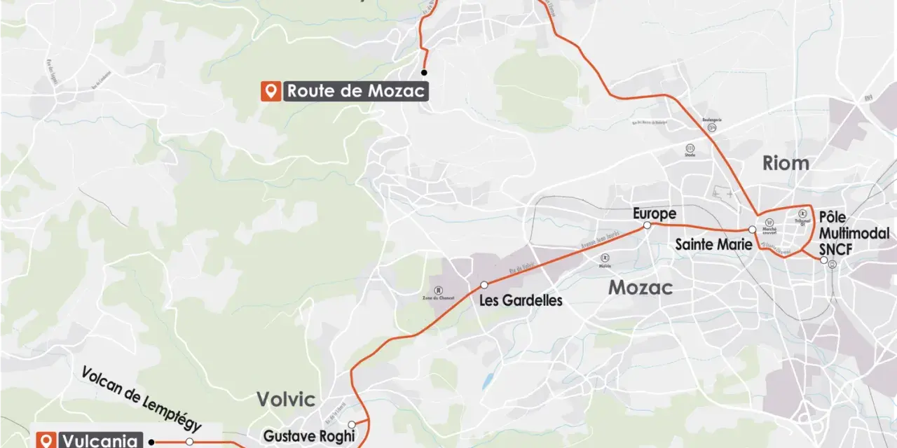 Carte du parcours rlv riom, reliant Vulcania à Riom en passant par Volvic et Mozac.