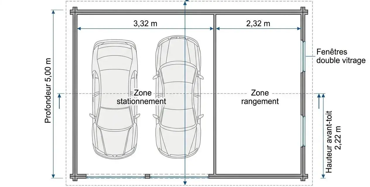 Plan d'un garage double avec une zone de stationnement pour deux voitures et une zone de rangement. La longueur totale est de 5,98 m.