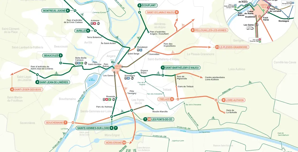 Carte des lignes de tramway et véloroutes d'Angers, montrant les itinéraires et les stations.
