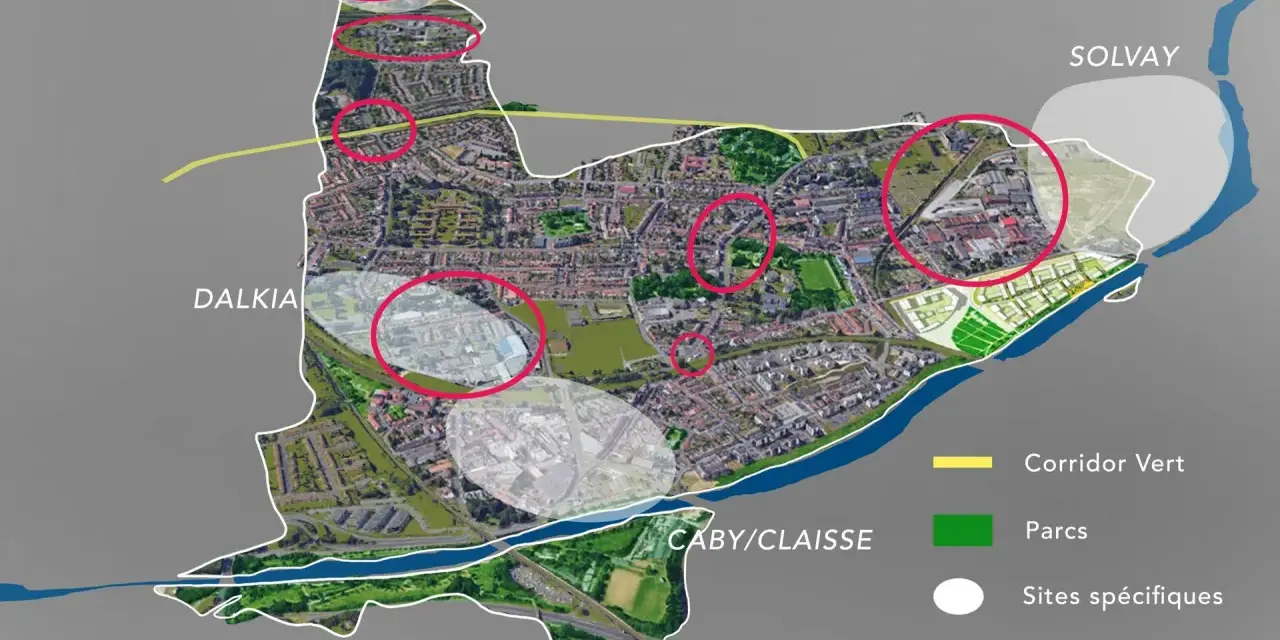 Carte d'urbanisme de Lille, montrant des zones d'activités économiques, des parcs et des sites spécifiques.