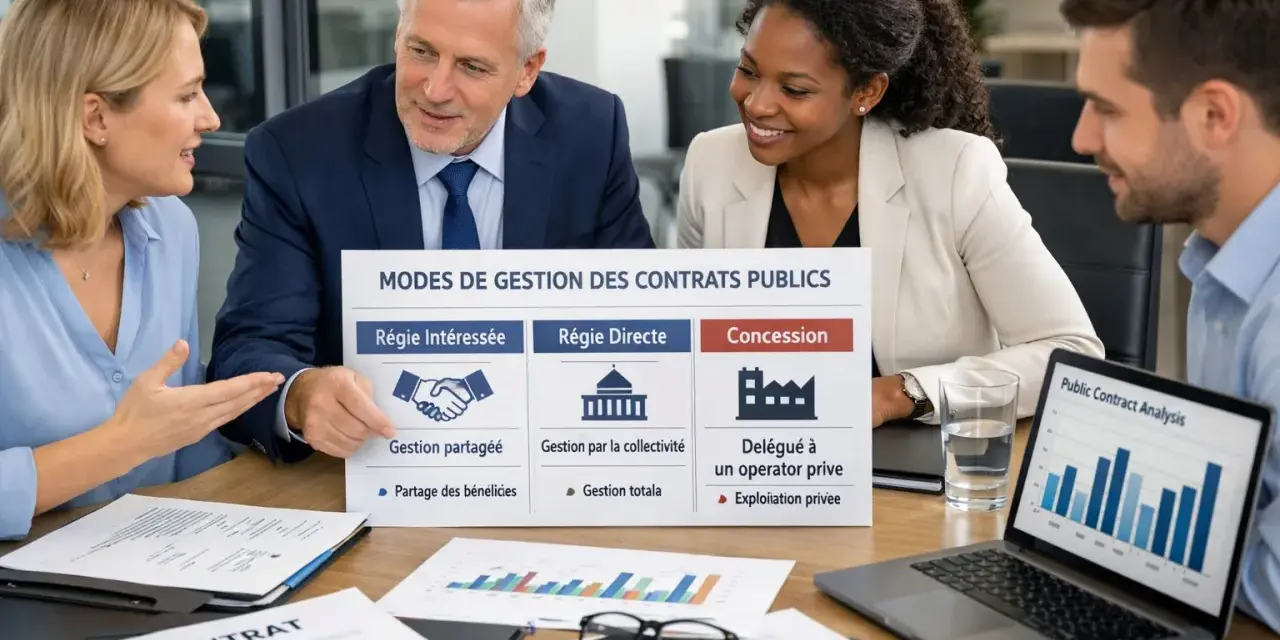 Équipe discutant des modes de gestion des contrats publics, avec un focus sur la "Régie Intéressée" et le partage des bénéfices.