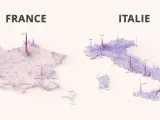 Visualisation 3D de la France et de l'Italie, montrant la densité de population par des pics. Paris et Naples sont les plus hauts.