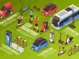 Illustration de la définition mobilité géographie : transports publics, vélos électriques, voitures et bus électriques, trottinettes et gyropodes.