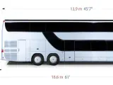 Un bus à deux étages avec une remorque. Les dimensions indiquent la longueur totale de 18,6 m, la hauteur de 4 m et la largeur de la remorque de 3,2 m.