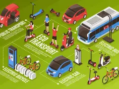 Illustration de la définition mobilité géographie : transports publics, vélos électriques, voitures et bus électriques, trottinettes et gyropodes.