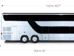 Un bus à deux étages avec une remorque. Les dimensions indiquent la longueur totale de 18,6 m, la hauteur de 4 m et la largeur de la remorque de 3,2 m.