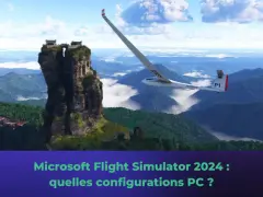 Un planeur survole des montagnes verdoyantes, près d'un temple perché. Microsoft Flight Simulator 2024 : quelles configurations PC ?