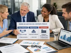 Équipe discutant des modes de gestion des contrats publics, avec un focus sur la "Régie Intéressée" et le partage des bénéfices.