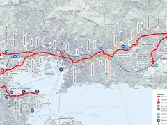 Carte du projet de transport urbain de Toulon, montrant les lignes de BHNS, les gares SNCF et les pôles d'échanges multimodaux.