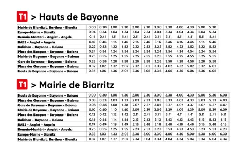 Tableaux des tarifs du bus txik txak pour les lignes T1, de Hauts de Bayonne à Mairie de Biarritz et inversement.