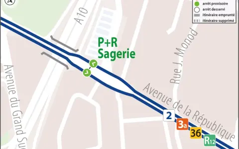 Carte du P+R Sagerie. Ligne 2 desservie, avec arrêts provisoires et empruntés. Avenue du Grand Sud et Rue J. Monod.