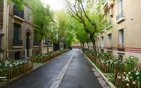 Rue pavillonnaire bordée d'arbres et de fleurs, la voirie est propre et accueillante.